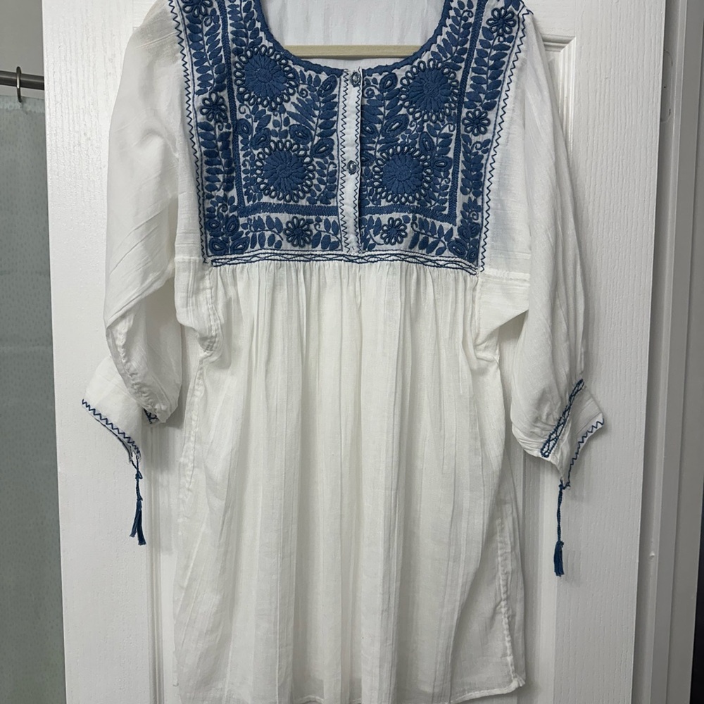 Embroidered White and Blue Women's Top